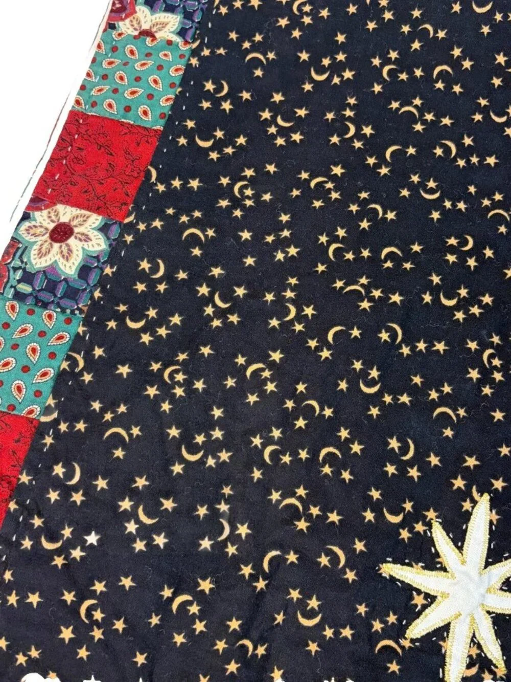 Christmas Nativity Quilted Patchwork Table Runner Celestial Moon Stars 15 x 52”